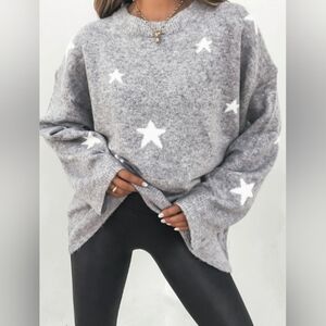 Thick cozy gray marled star mock neck gray white sweater.